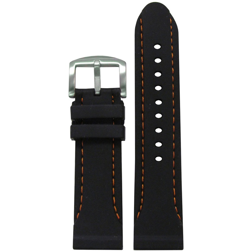 Waterproof Silicone Watch Band | Diver | Black | Orange Stitching