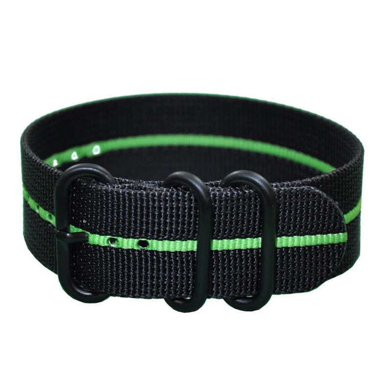 Ballistic Nylon Watch Band | 3 Ring | Black | Green Stripe | PVD (Black) Hardware