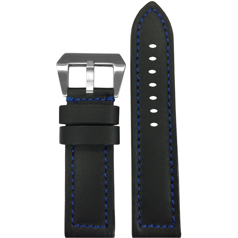 Black 190 Soft Calf Leather Watch Band | Flat | Blue Stitch