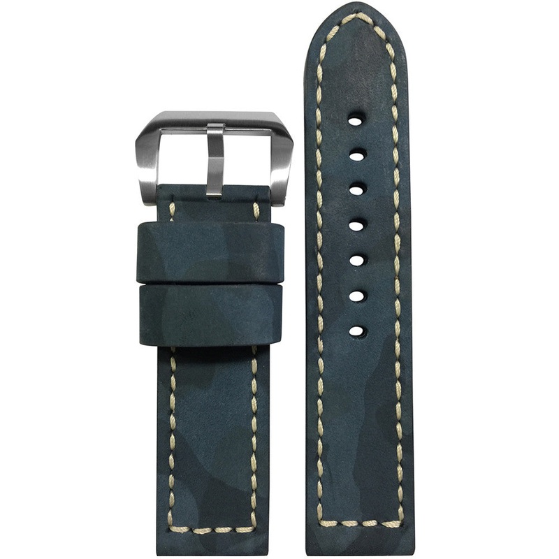 Camo Leather Watch Band | Flat | Navy Camouflage | White Stitch