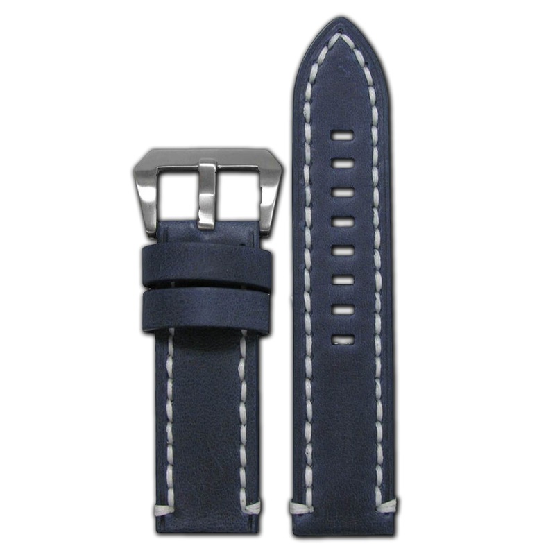 Denim Leather Watch Band | Flat | Distressed Denim | White Stitch
