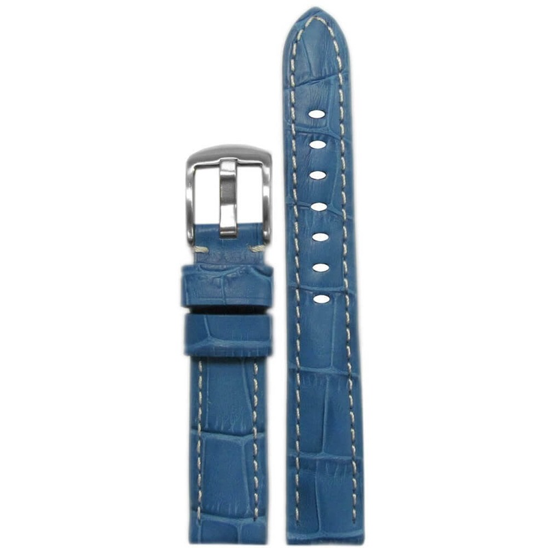 Embossed Leather Gator Print Watch Band | Padded | Ocean Blue | White Stitch