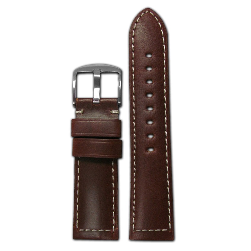 Genuine 190 Soft Calf Leather Watch Band | Padded | Brown | White Stitch