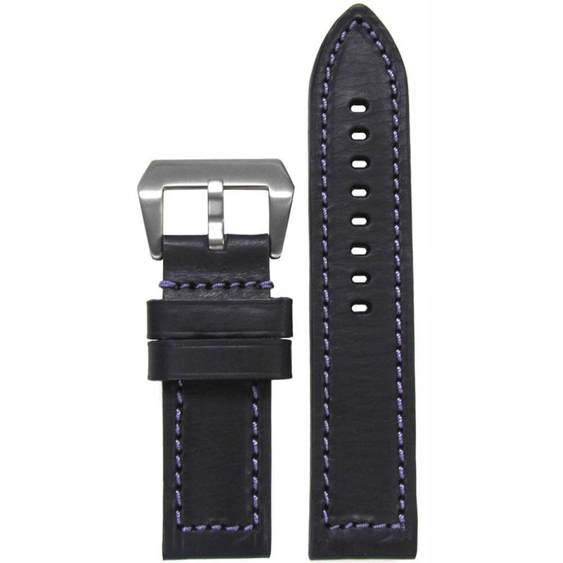 HZ Vintage Leather Watch Band | Flat | Black | Light Purple Stitch