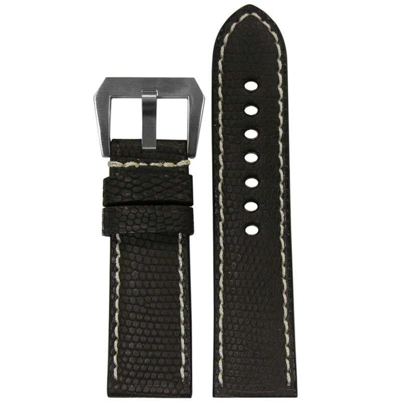 Lizard Watch Band | Premium Cut | Matte Finish | Black | White Stitch