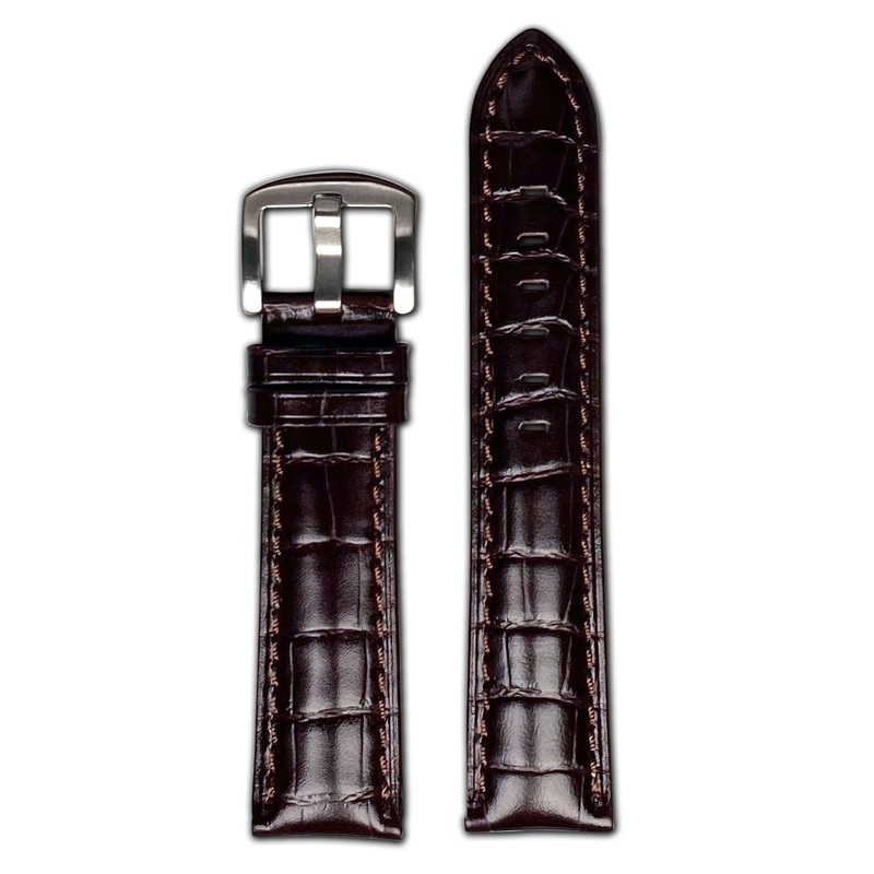 Quick Release | Embossed Gator Print Watch Band | Semi-Gloss | Dark Brown | Match Stitch