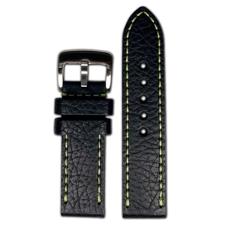 Quick Release | Pebble Grain Leather Watch Band | Black | Green Stitch