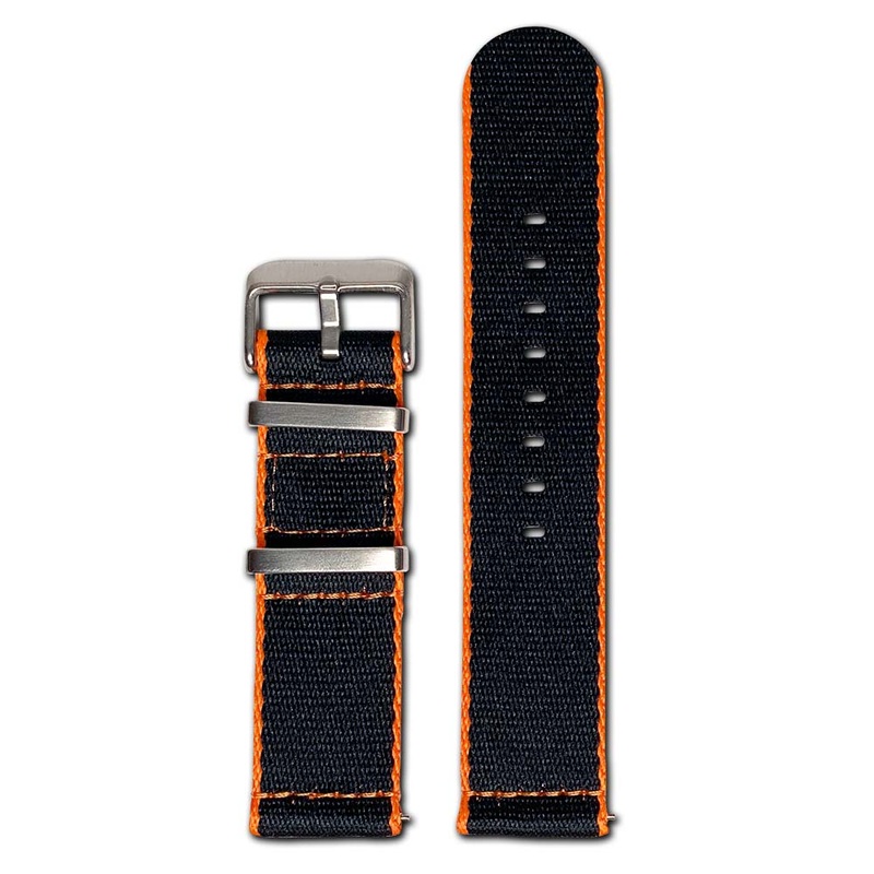 Quick Release Watch Band | Seatbelt | Two-Piece | Black | Orange Stitch