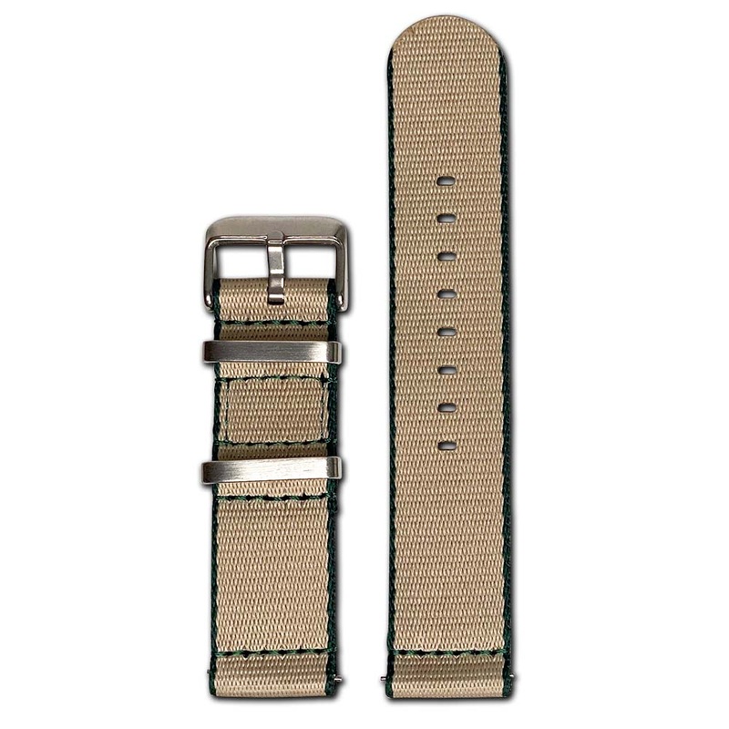 Quick Release Watch Band | Seatbelt | Two-Piece | Khaki | Green Stitch