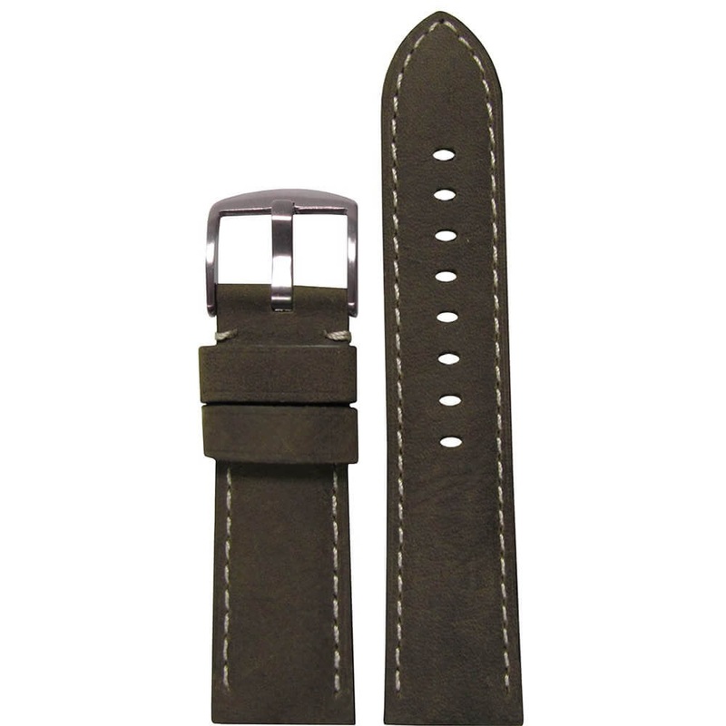 Sueded Calf Leather Watch Band | Padded | Olive | White Stitch