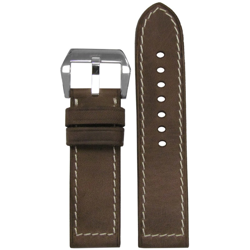 Vintage Leather Watch Band | Flat | Brown | White Hand-Stitch