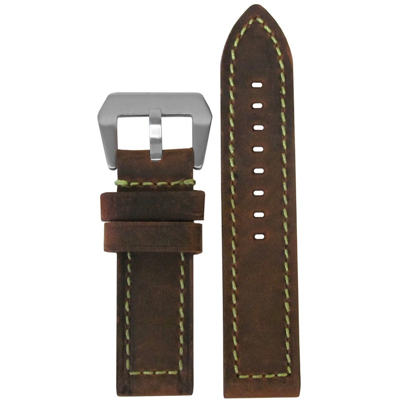 Vintage Soft Suede Deep Oil Watch Band | Flat | Brown | Green Stitch