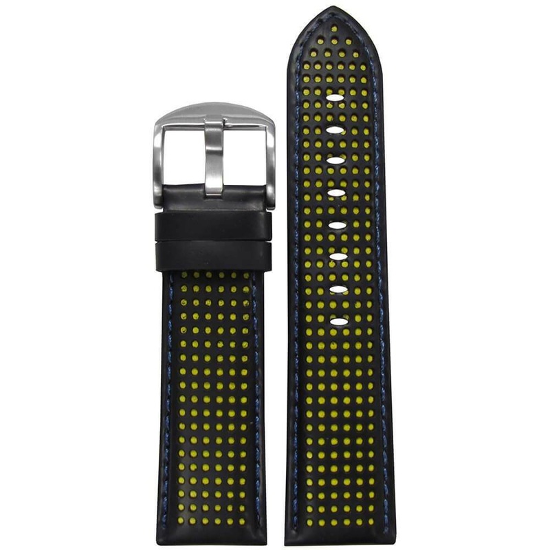 Black Perforated Leather Watch Band | Padded | Yellow Holes and Blue Stitch
