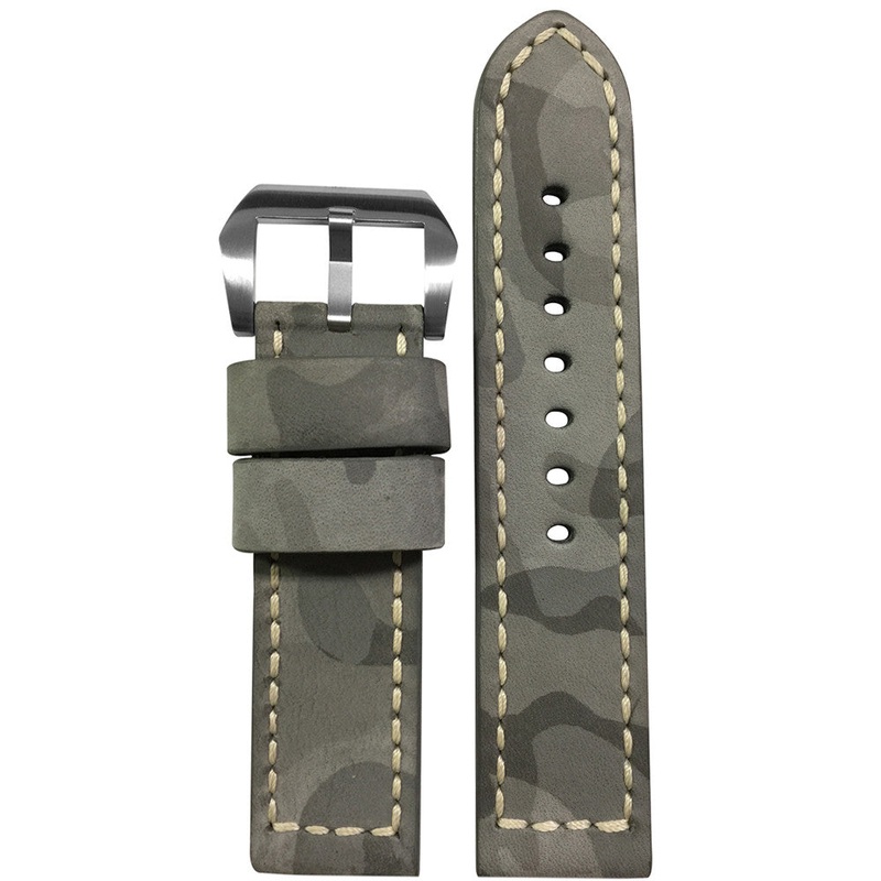 Camo Leather Watch Band | Flat | Artic Camouflage | White Stitch