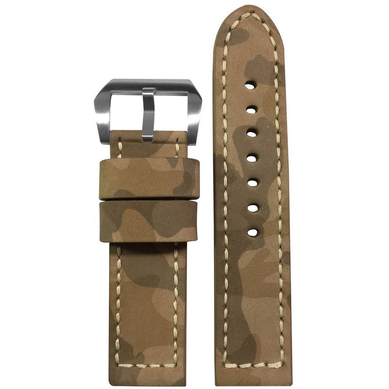 Camo Leather Watch Band | Flat | Desert Camouflage | White Stitch