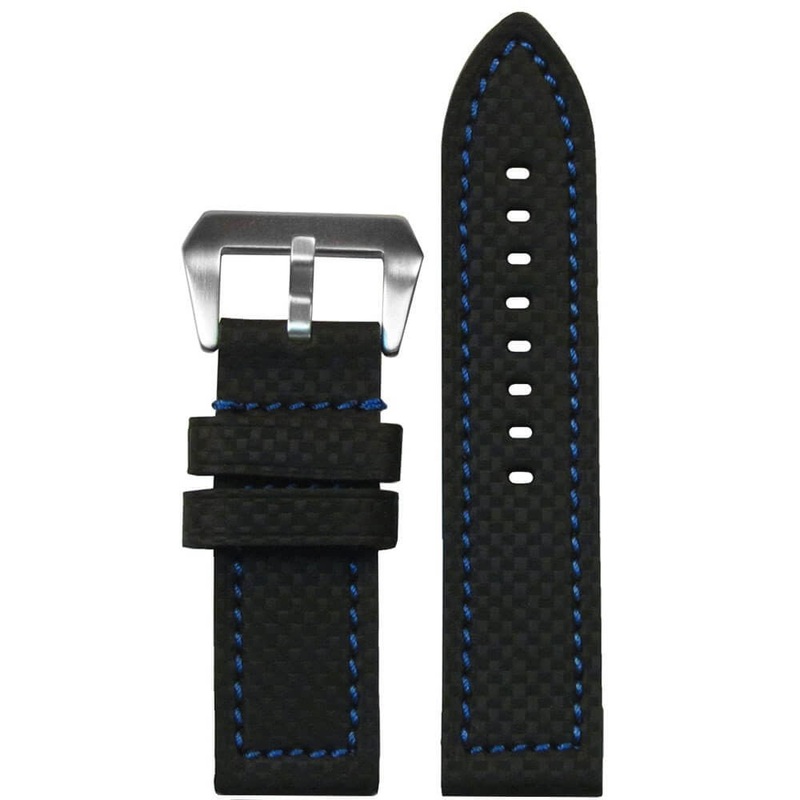 Carbon Fiber Style Watch Band | Flat | Coramid | Black | Blue Stitch