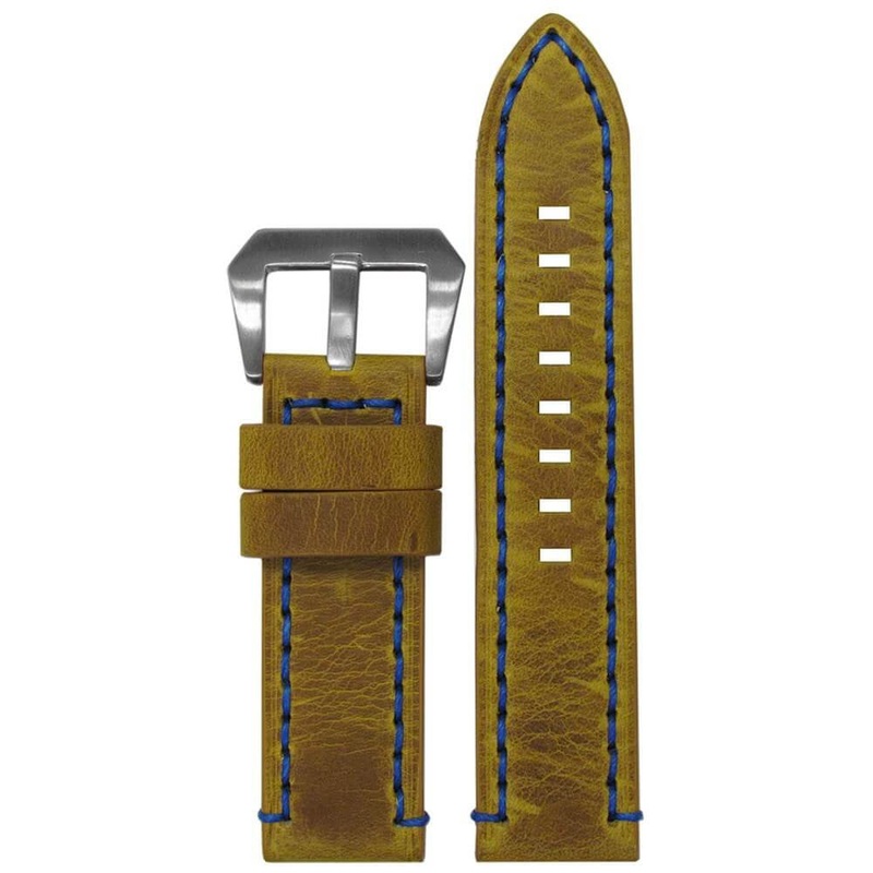 Distressed Vintage Saddle Watch Band | Flat | Blue Hand Stitch