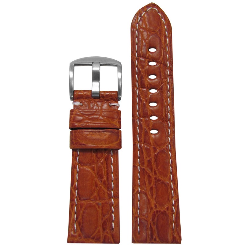 Genuine Crocodile Skin Watch Band | Padded | Glossy Finish | Honey | White Stitch