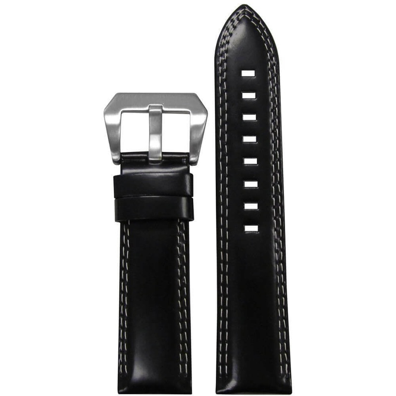 Premium Italian Leather Watch Band | Padded | Black | Double White Stitch