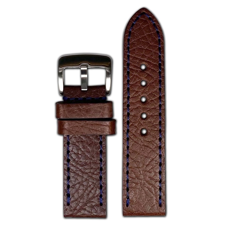 Quick Release | Pebble Grain Leather Watch Band | Dark Brown | Dark Blue Stitch