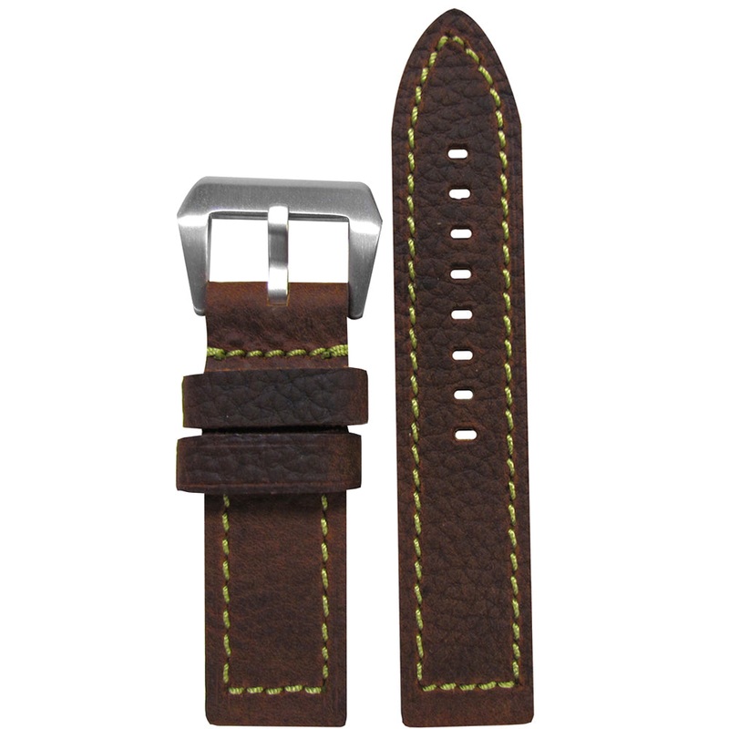 Vintage Buffalo Deep Oil Leather Watch Band | Flat | Brown | Green Stitch