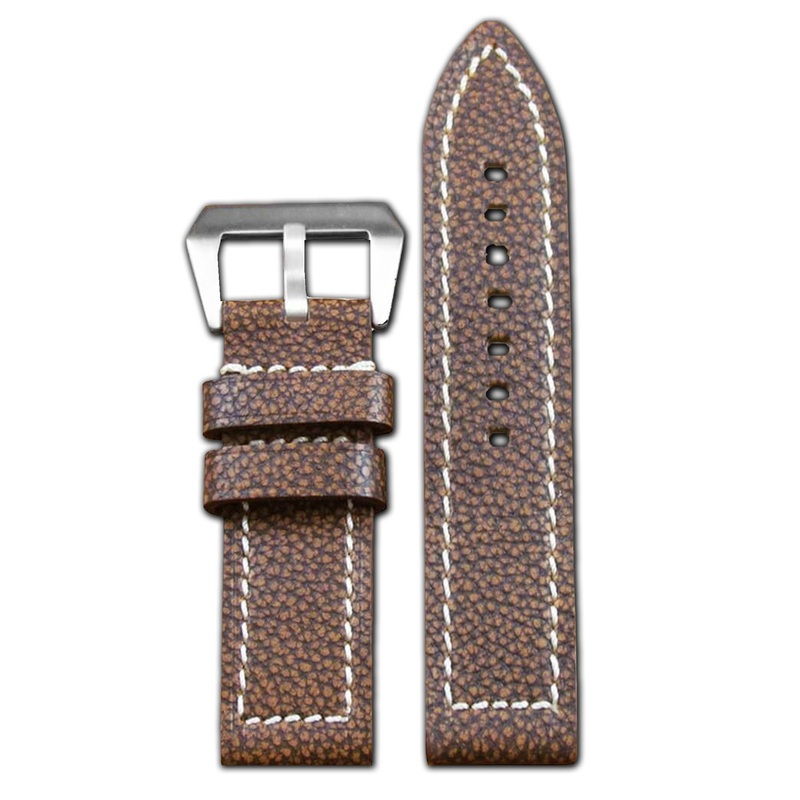 Vintage Buffalo Grain Leather Watch Band | Flat | Brown | White Stitch