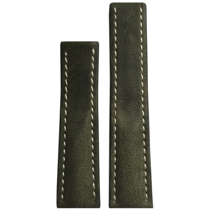 Vintage Leather Watch Band | Olive | White Stitch | For Breitling Deploy
