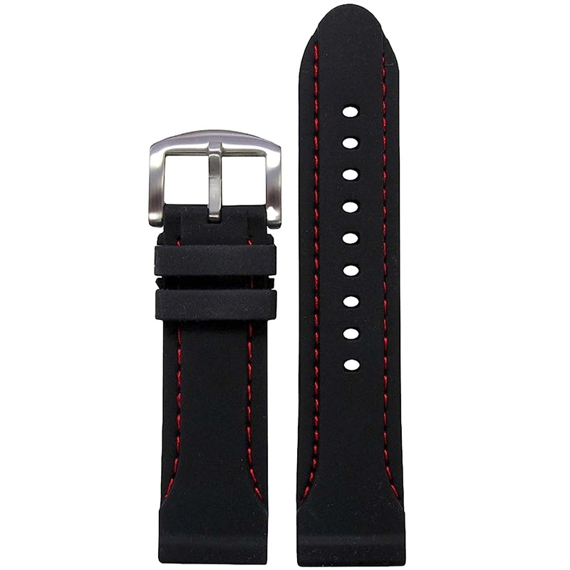 Waterproof Silicone Watch Band | Diver | Black | Red Stitching