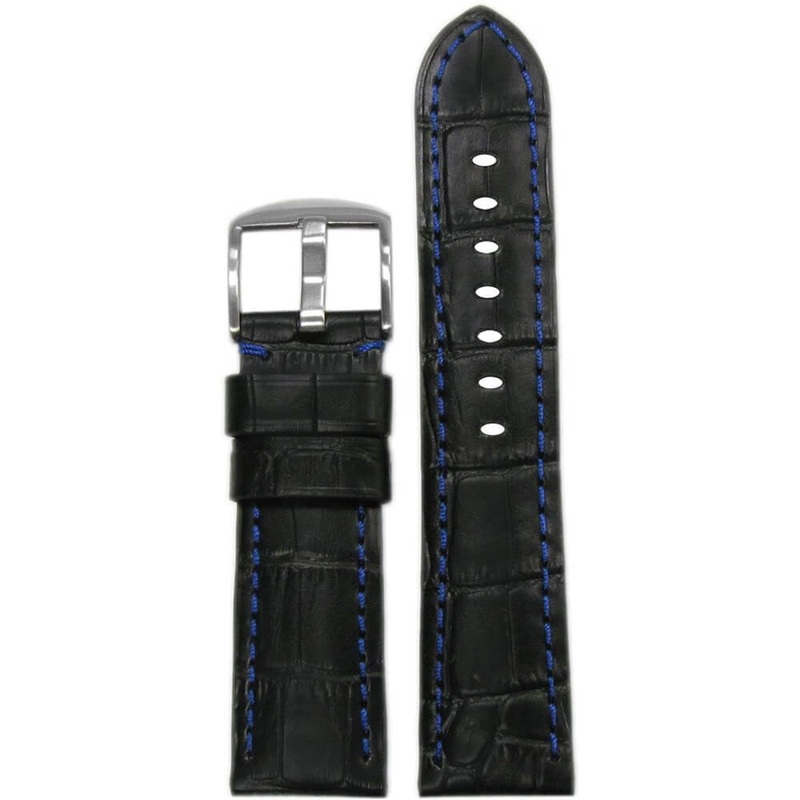 Embossed Leather Gator Print Watch Band | Padded | Black | Blue Stitch