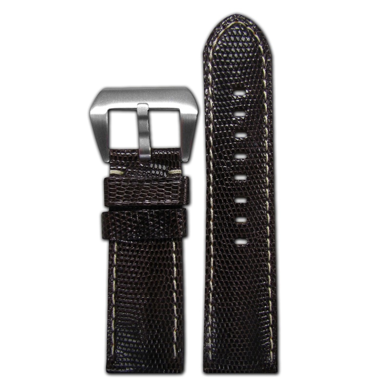 Genuine Lizard Watch Band | Padded | Brown | White Stitch