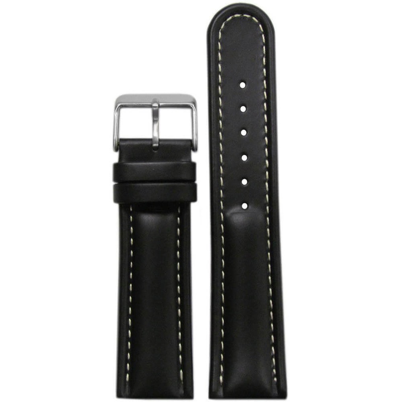 Quick Release | Padded Saddle Leather Watch Band | Black | White Stitch