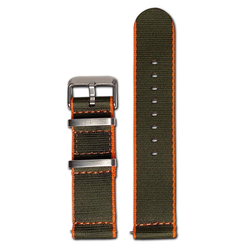Quick Release Watch Band | Seatbelt | Two-Piece | Olive | Orange Stitch