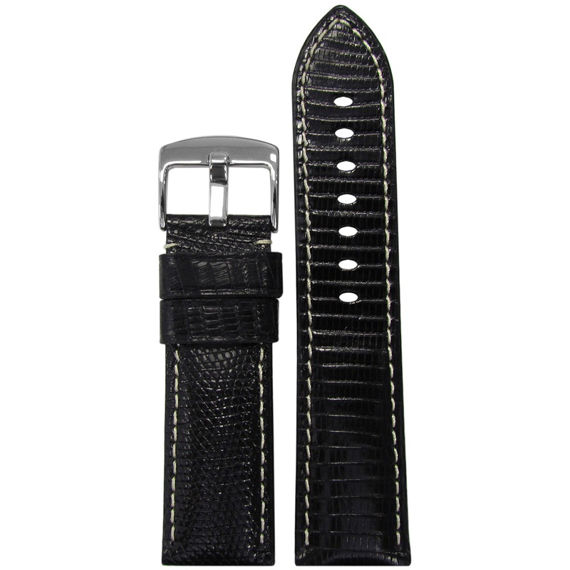 Semi-Gloss Genuine Lizard Watch Band | Classic | Black | White Stitch