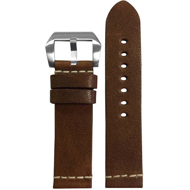 Vintage Leather Watch Band | Classic Brown | White Minimal Stitch