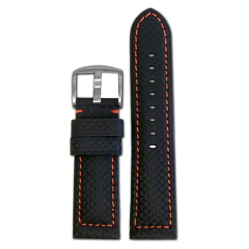 Carbon Fiber Style Watch Band | Sport | Black | Orange Stitch