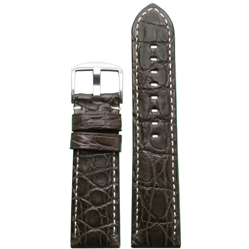 Genuine Crocodile Skin Watch Band | Padded | Matte Finish | Dark Brown | White Stitch