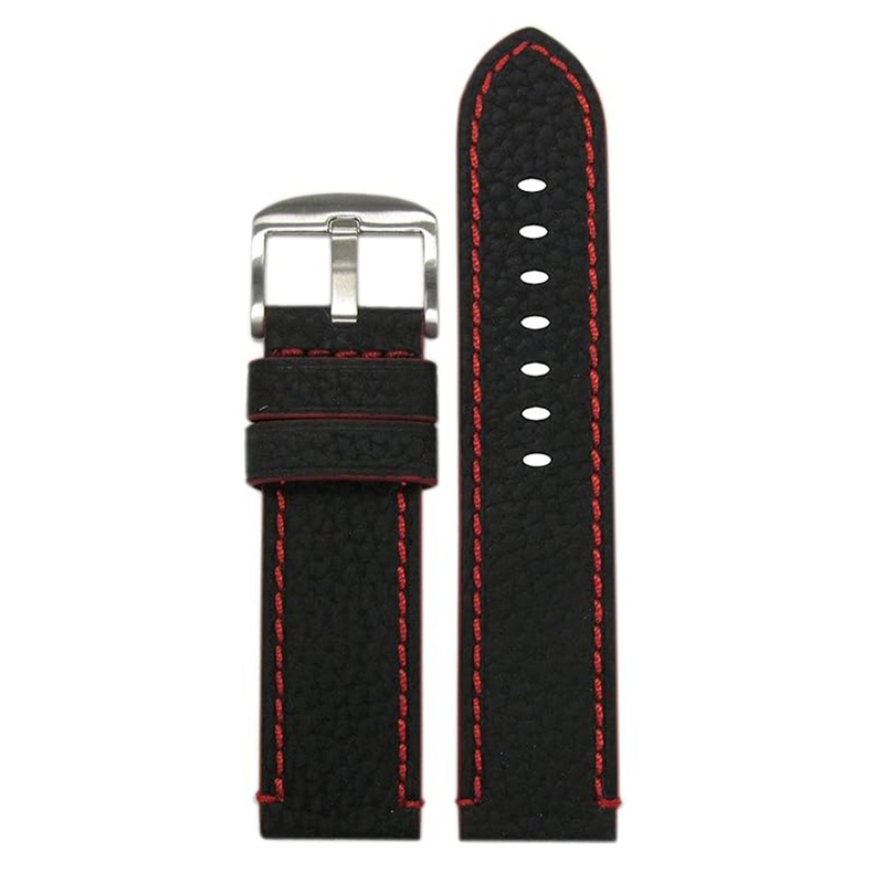 Genuine Crushed Leather Grain Watch Band | Black | Red Stitching