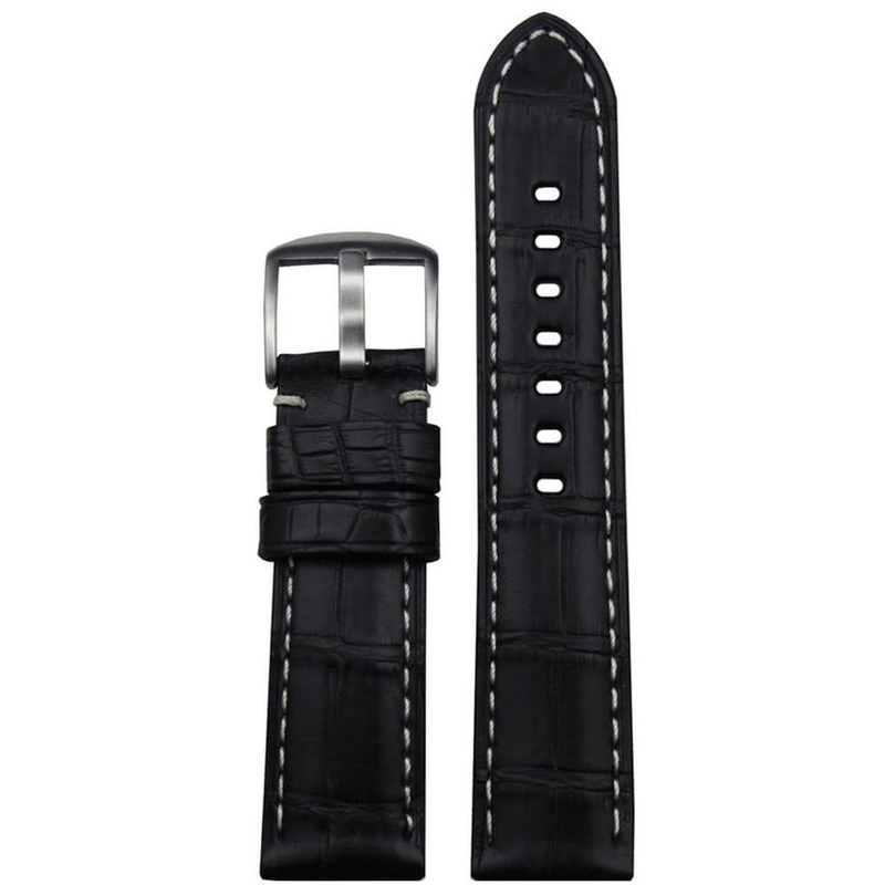 Louisiana Alligator Watch Band | Matte Finish | Padded | Black | White Stitch