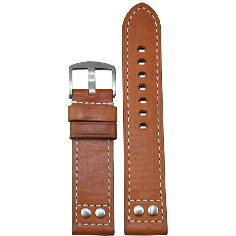 Oiled Leather Watch Band | Pilot Style | Brush Rivets | Flat | Rou | White Stitch