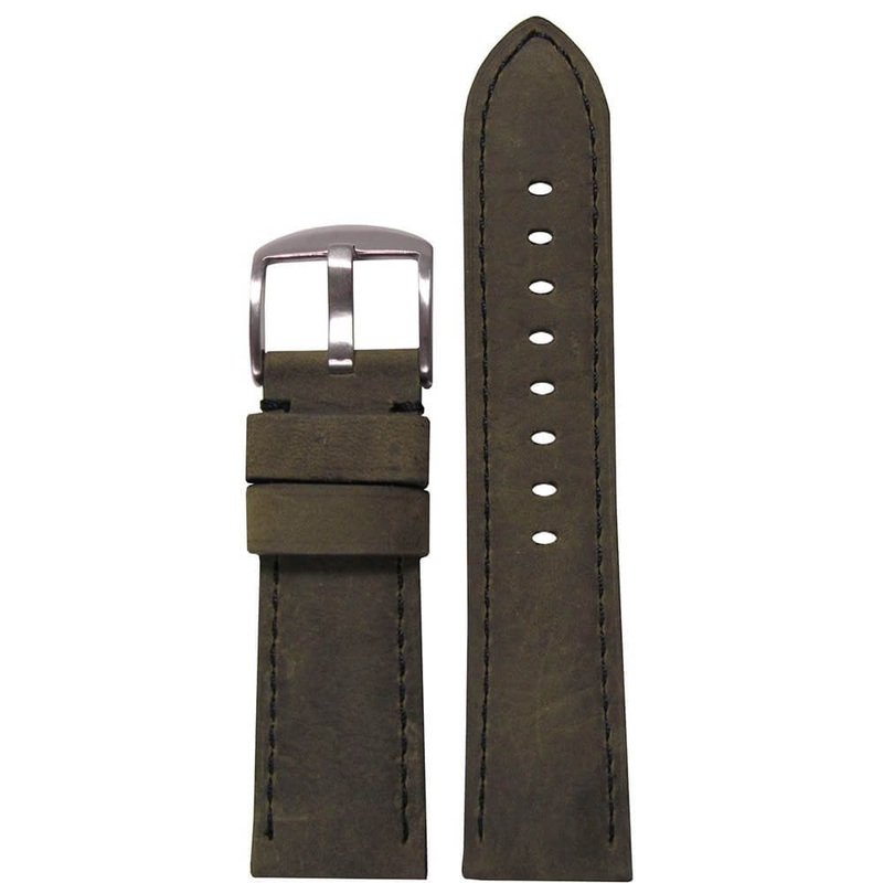 Sueded Calf Leather Watch Band | Padded | Olive | Black Stitch