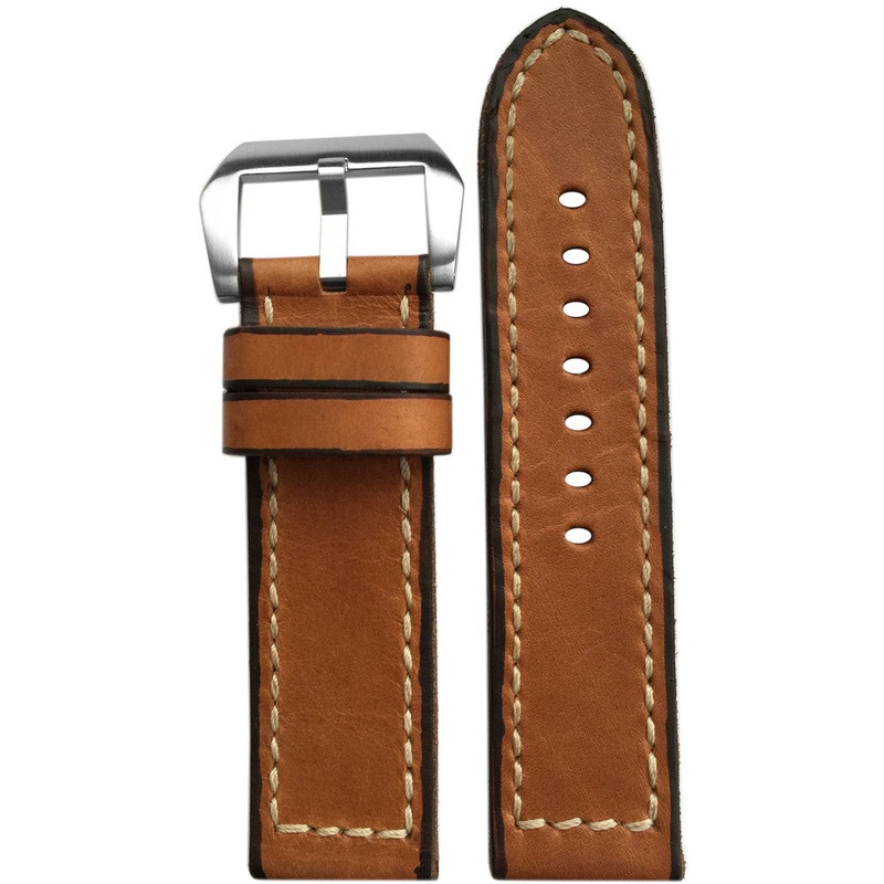 Vintage Leather Watch Band | Gaucho | Black Painted Edges | Tan | White Stitch