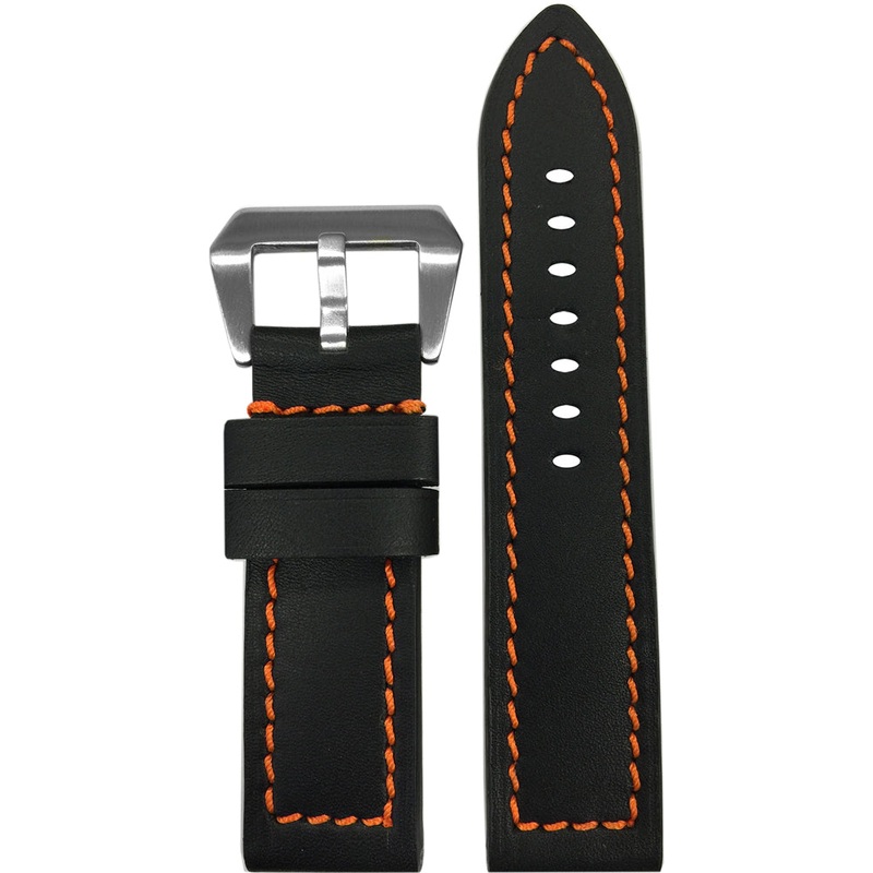 Black 190 Soft Calf Leather Watch Band | Flat | Orange Stitch