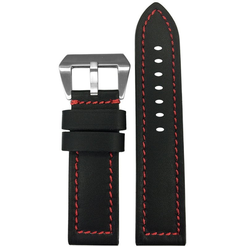 Black 190 Soft Calf Leather Watch Band | Flat | Red Stitch