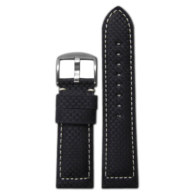 Carbon Fiber Style Watch Band | Sport | Black | White Stitch