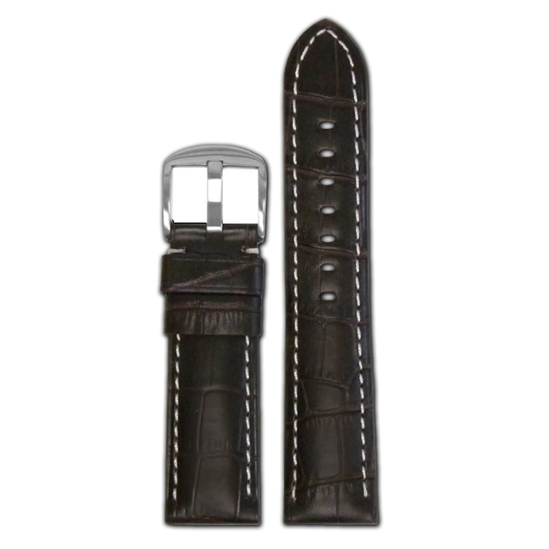Embossed Leather Gator Print Watch Band | Padded | Chocolate | White Stitch