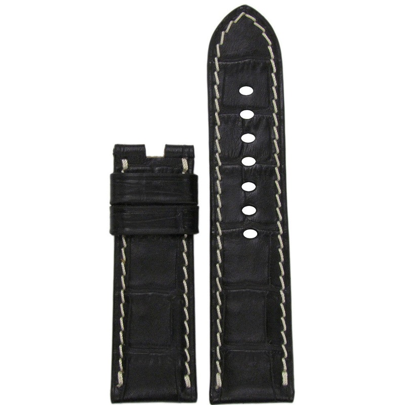 Embossed Leather Watch Band | Gator Print | Black | White Stitch | For Panerai Deploy