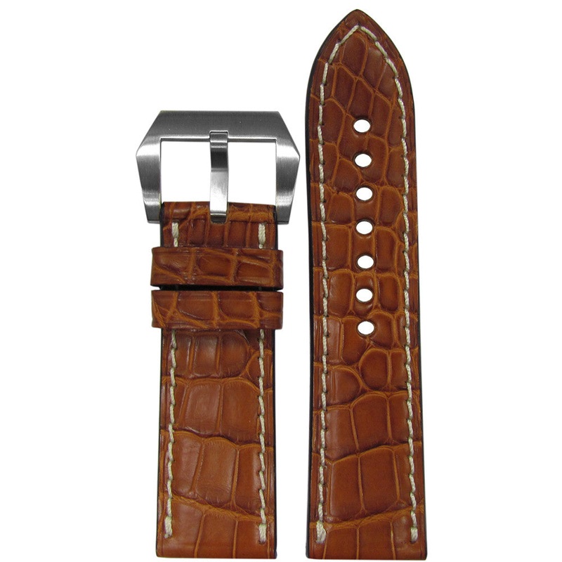 Genuine Alligator Watch Band | Premium Cut | Cognac | White Stitching