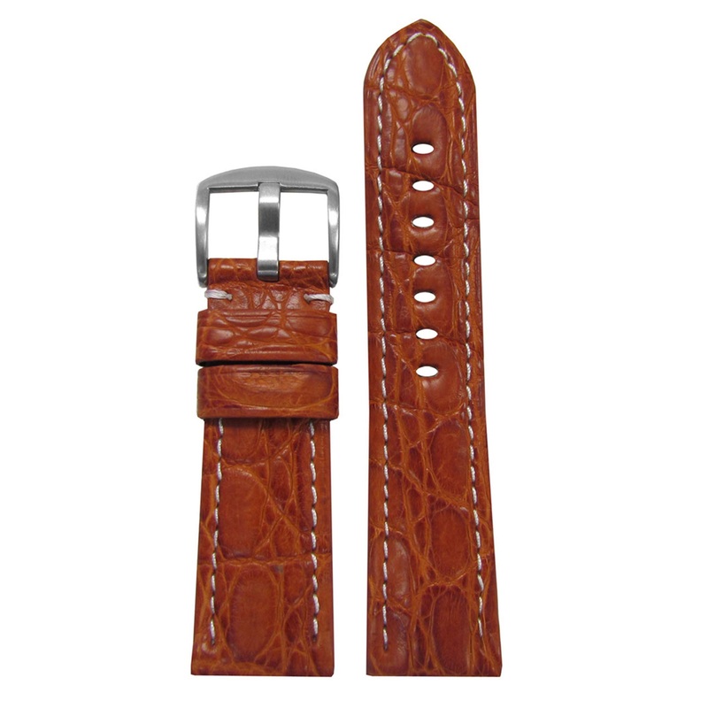 Genuine Crocodile Skin Watch Band | Padded | Matte Finish | Honey | White Stitch