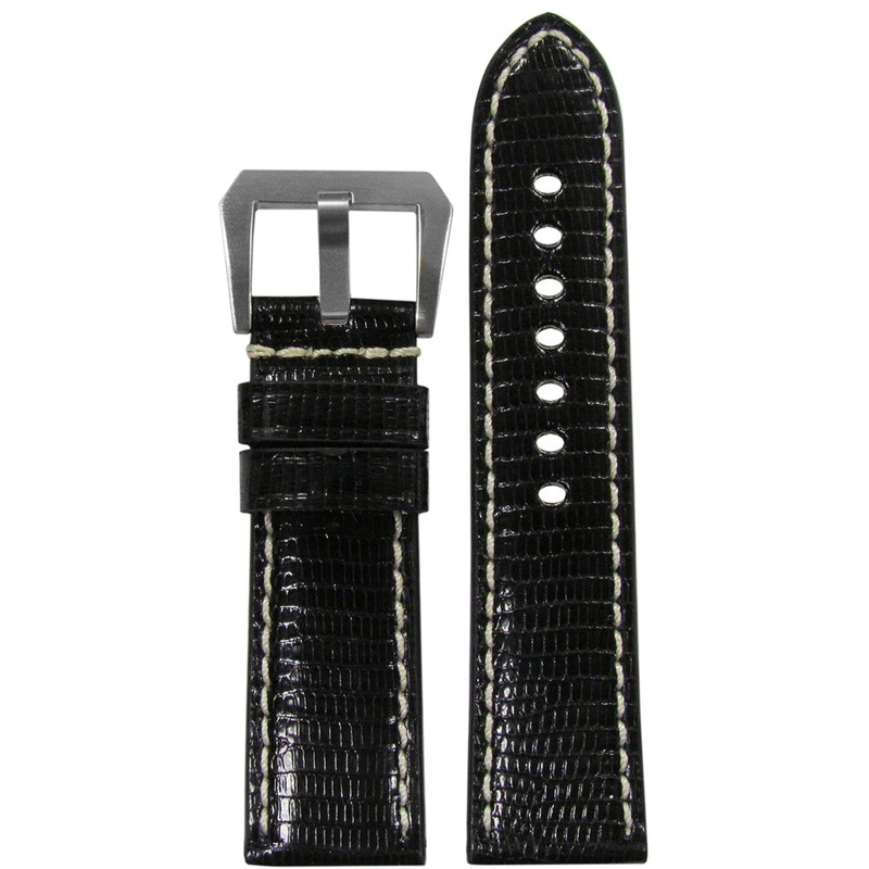Lizard Watch Band | Premium Cut | Glossy Finish | Black | White Stitch