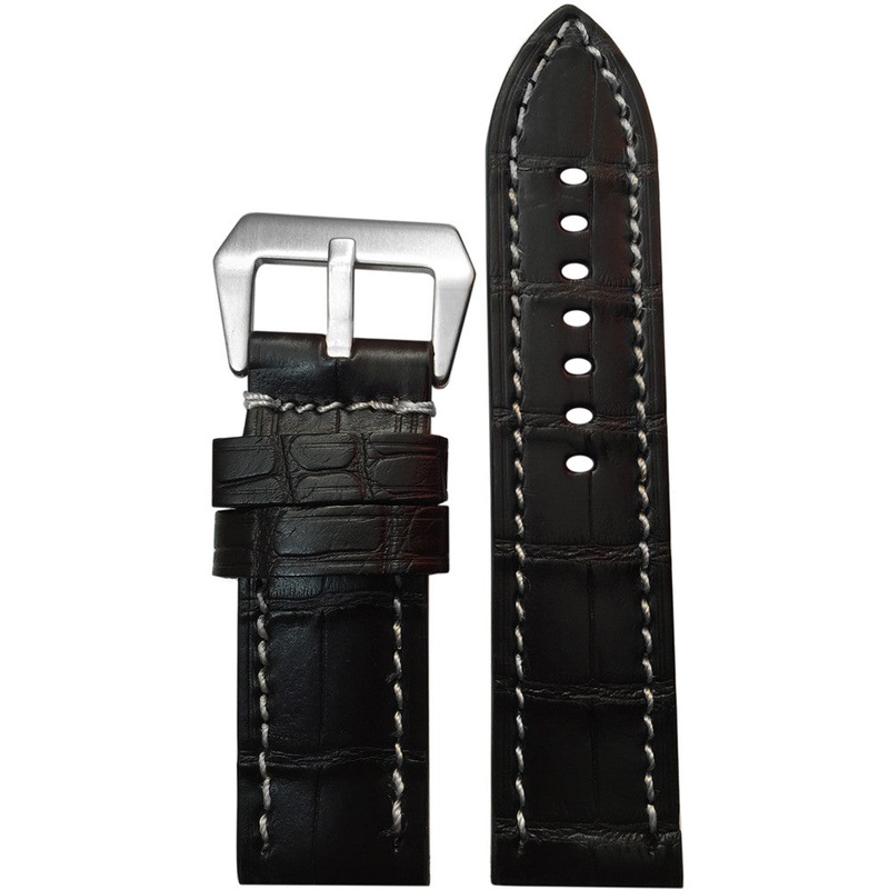 Matte Alligator Skin Watch Band | Flat | Black | White Stitch
